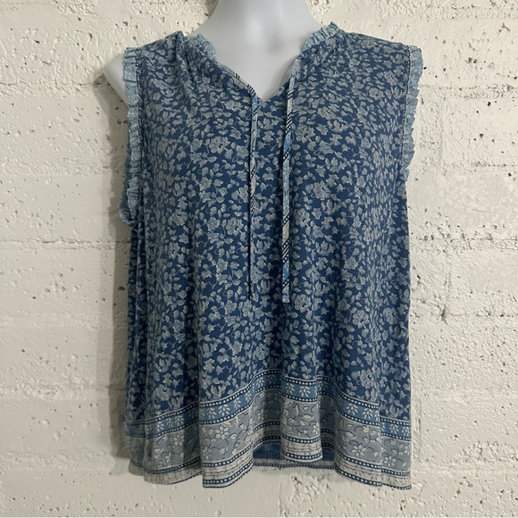 Lucky Brand Womens Top L Blue Floral Sleeveless Cotton Modal Tie Ruffle Neck AZ - Picture 1 of 6